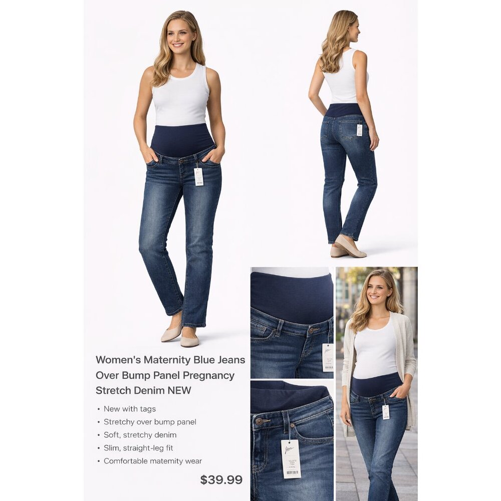 Women Maternity Blue Jeans Over Bump Panel Stretch Denim Pregnancy NEW With Tags